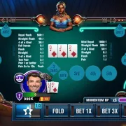 Mississippi Stud table showing player cards A♦ T♦ and community cards Q♦ J♦ 2♦, with active bets and payout table.
