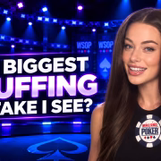 Samantha Abernathy smiling at a WSOP table with the text "The biggest bluffing mistake I see?"