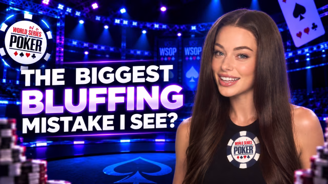 Samantha Abernathy smiling at a WSOP table with the text "The biggest bluffing mistake I see?"