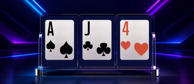Ace of spades, jack of clubs and four of hearts on a neon stage